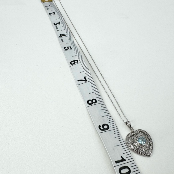 10K WG/925 Filigree Blue Topaz Heart Pendant Necklace - Picture 8 of 16
